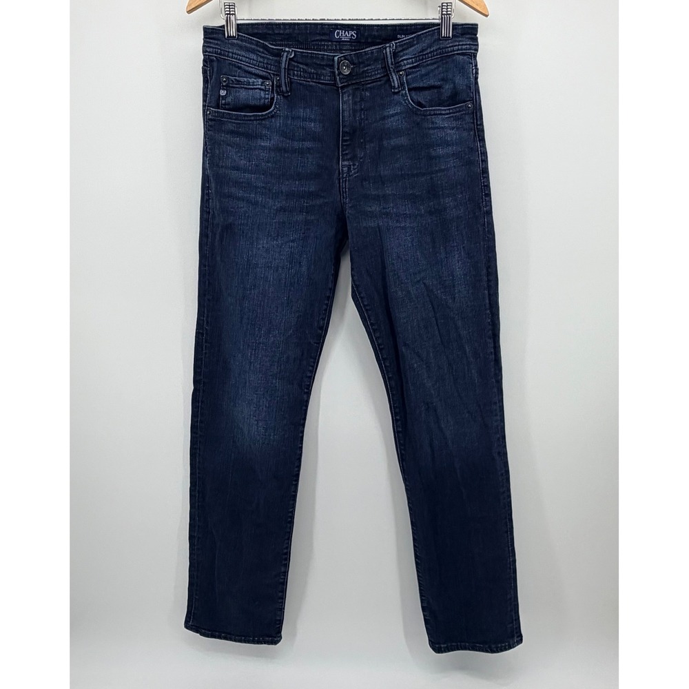 Chaps Jeans Mens 32x32 Blue Slim Straight Dark Wash Denim Stretch Pants Classic